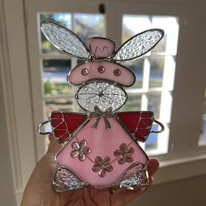 Pink Bunny Rabbit Leaded Stained Glass Tea Light Votive Holder Easter